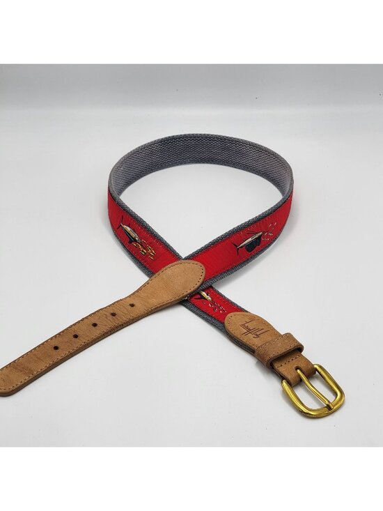 Guy Harvey Accessories - Vtg Guy Harvey Canvas Belt with Leather Accents & Marlin Fish Embroidery Red